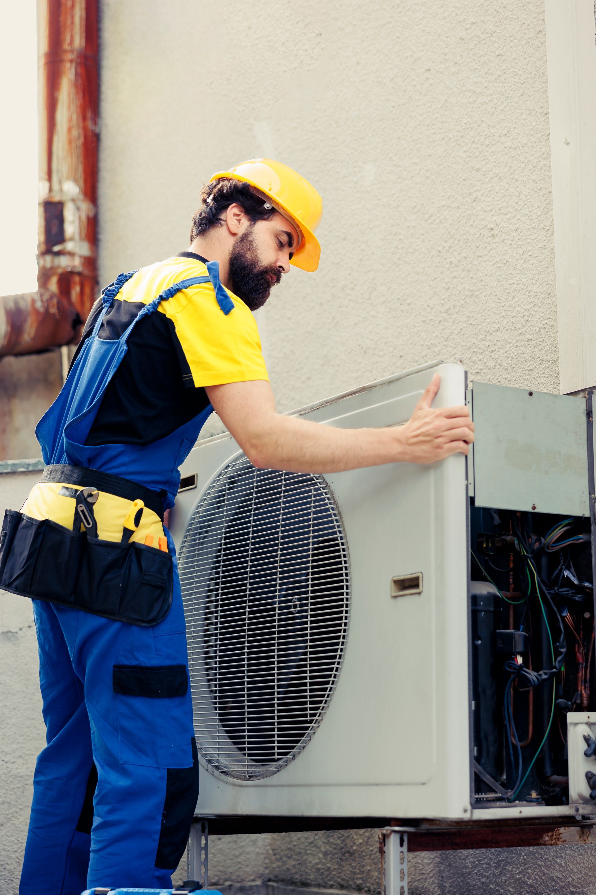 A man is working on an air conditioner outside of a building.