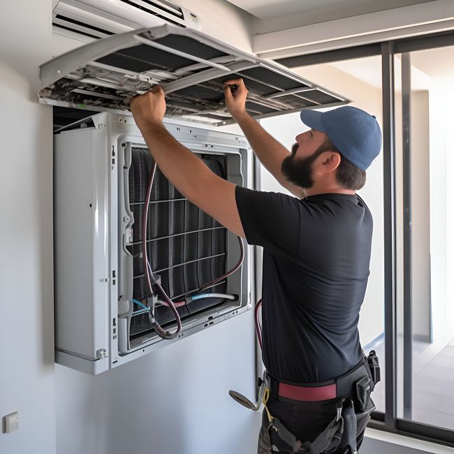 A man is working on an air conditioner in a room.