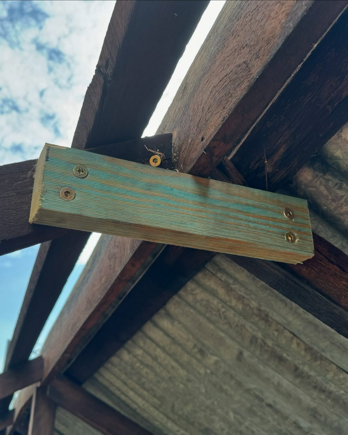 Wooden Beam Attached to a Roof Structure With Screws, Painted in Green — Ace Metal Roofing in Waterview Heights, NSW