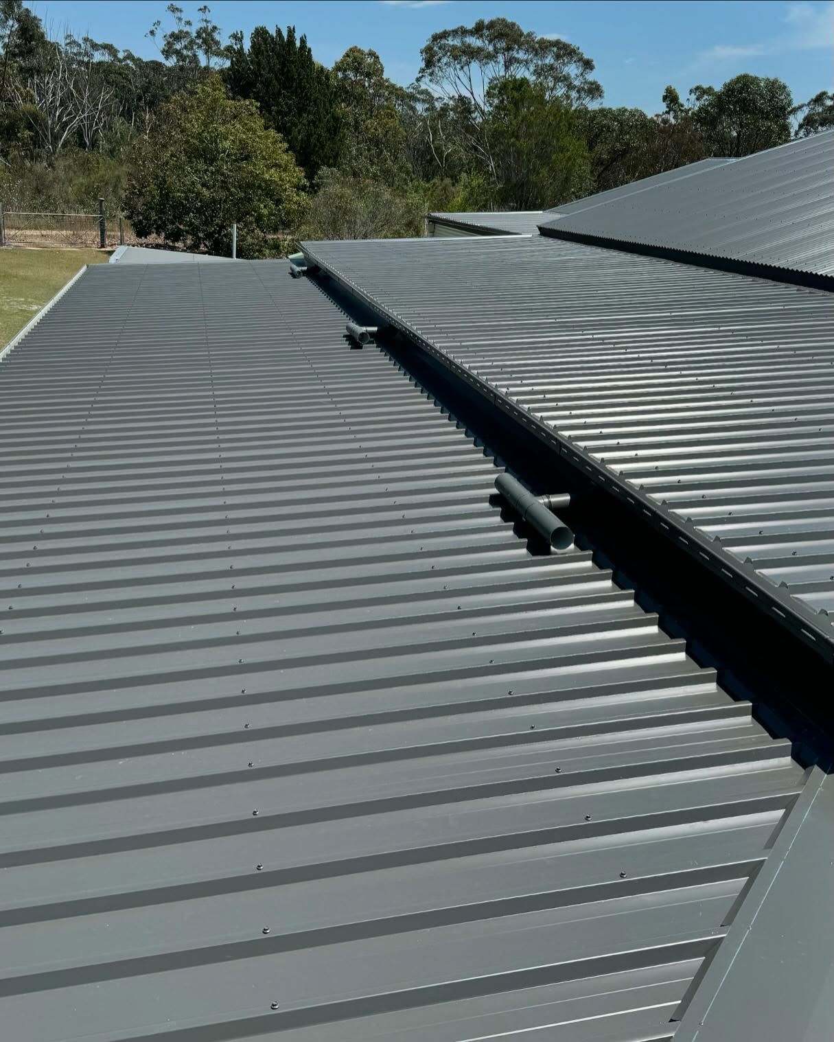 Gray Corrugated Metal Roof With a Black Gutter, Trees and Blue Sky — Ace Metal Roofing in Waterview Heights, NSW