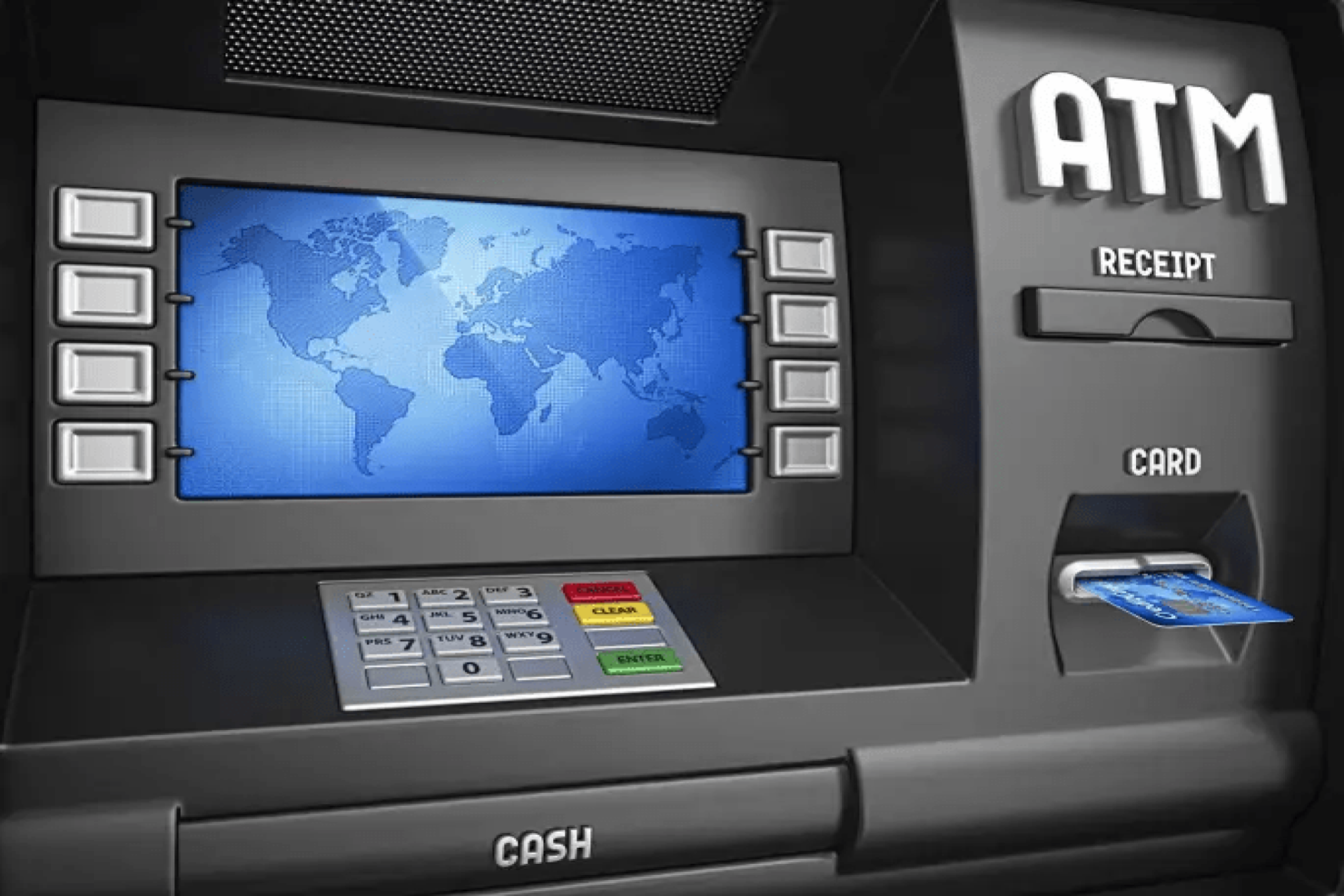 ATM machine with a blue card inserted; a world map is on the display screen.