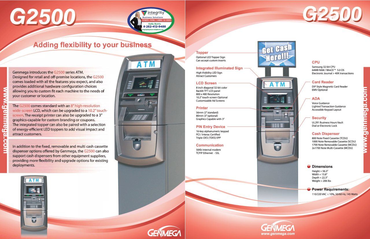 Brochure for a G2500 ATM, red and silver. Shows diagrams and features.