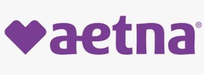 The aetna logo is purple with a heart in the middle.