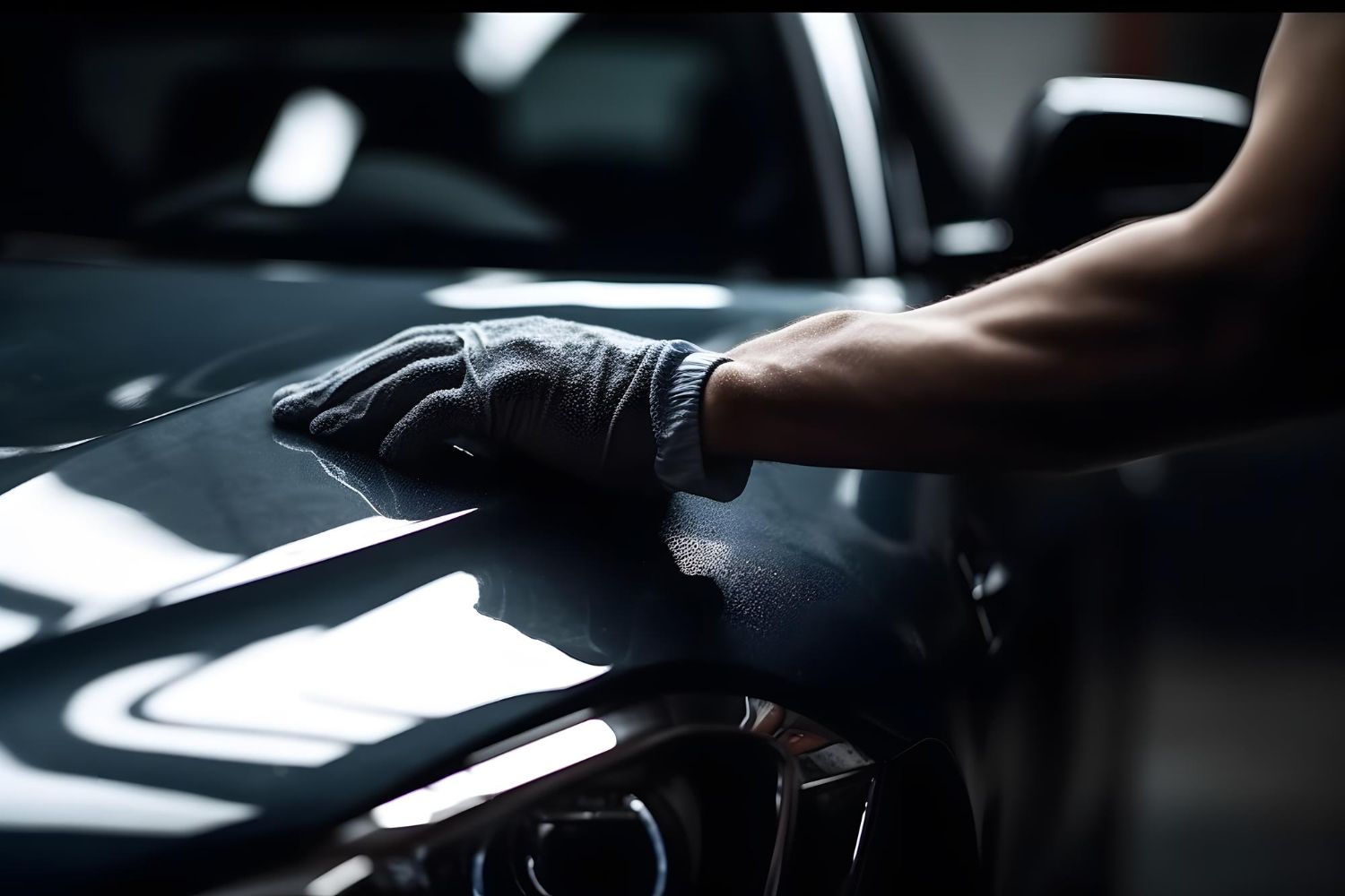 A person wearing gloves is polishing the hood of a car.