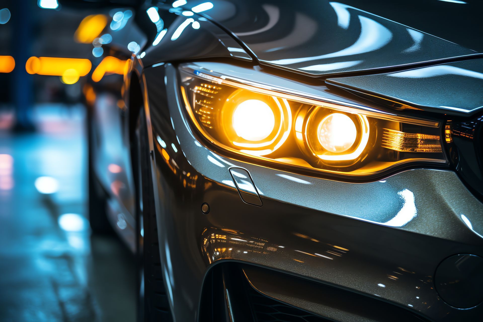 A close up of a car 's headlights at night.