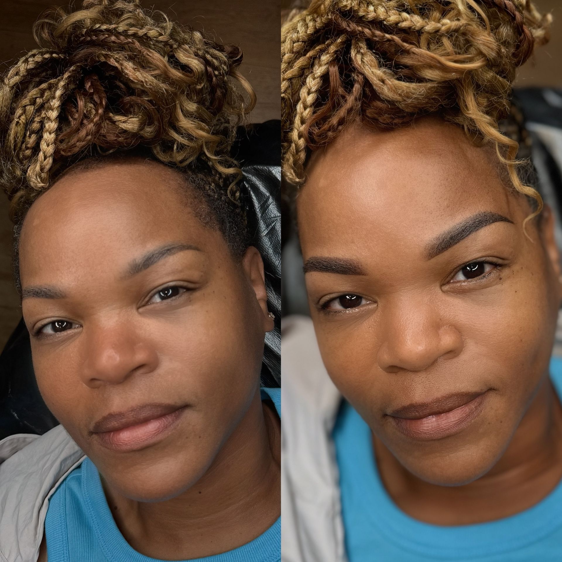 Woman before and after eyebrow treatment. She has braids, dark skin, smiling.