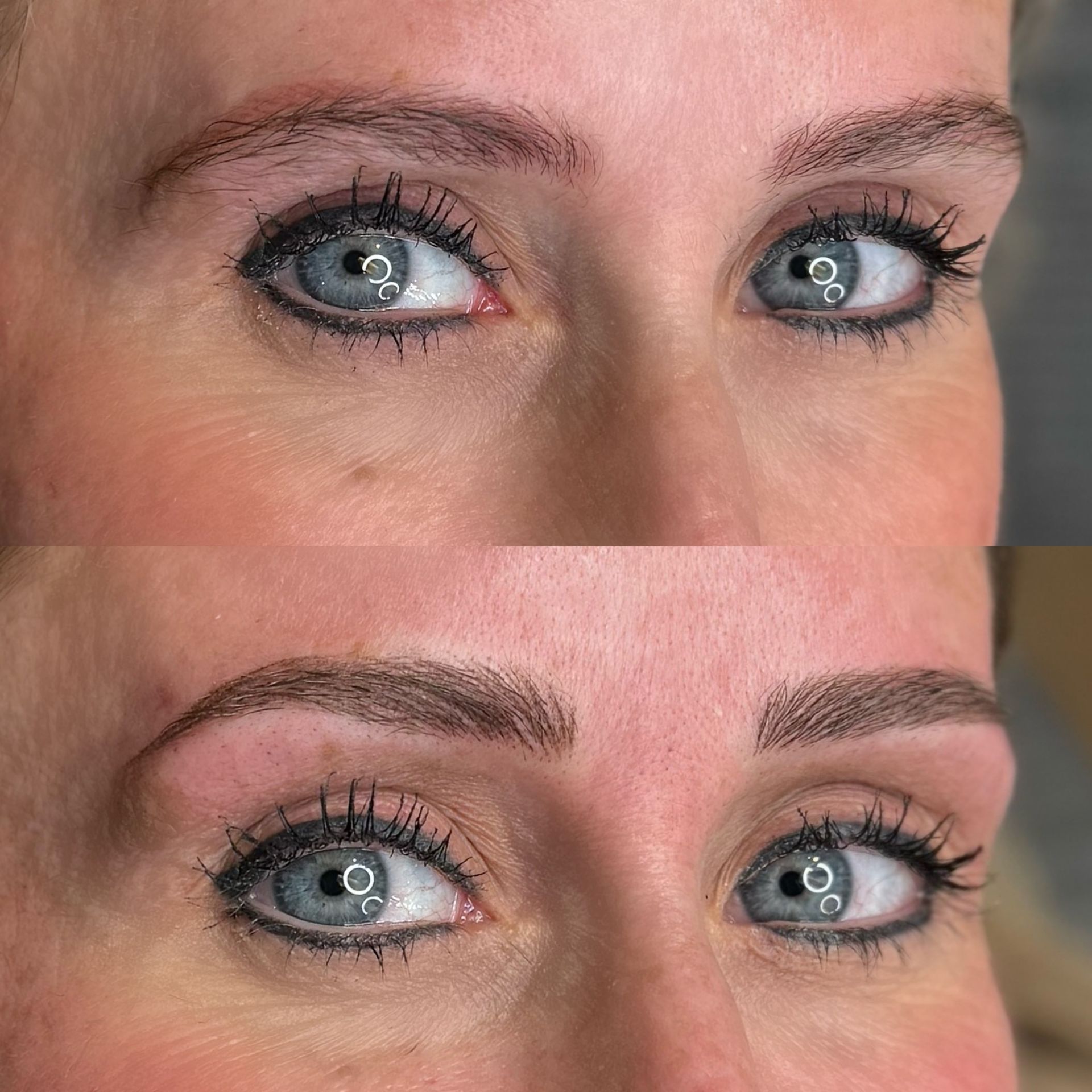 A before and after picture of a woman 's eyebrows.