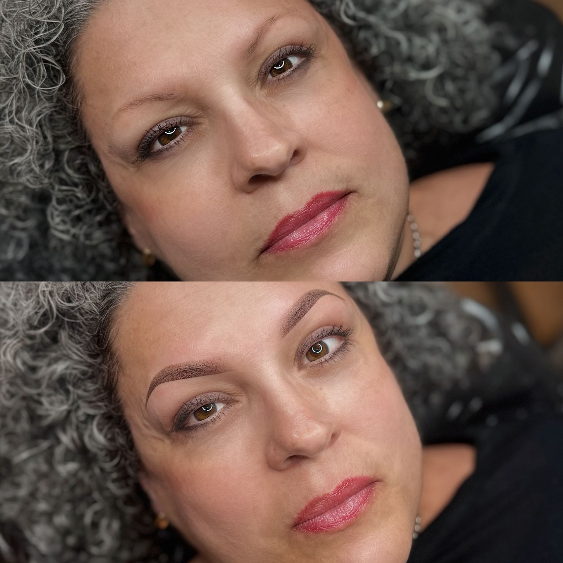 Before-and-after comparison of a woman's eyes with thin and fuller eyebrows. Brown eyes, fair skin.