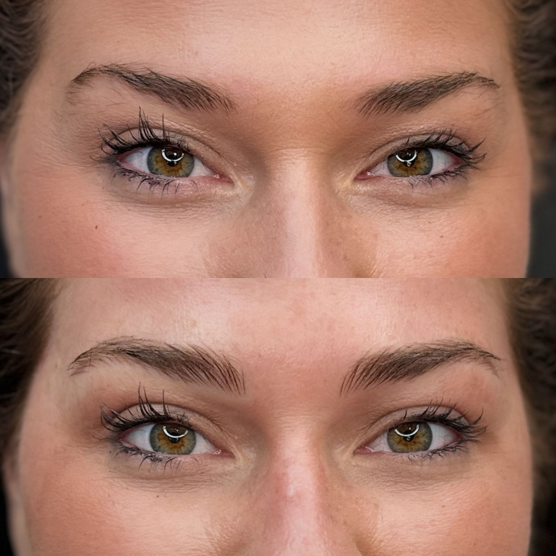 Comparison of a woman's eyebrows before and after a cosmetic procedure, with fuller and darker eyebrows in the after image.