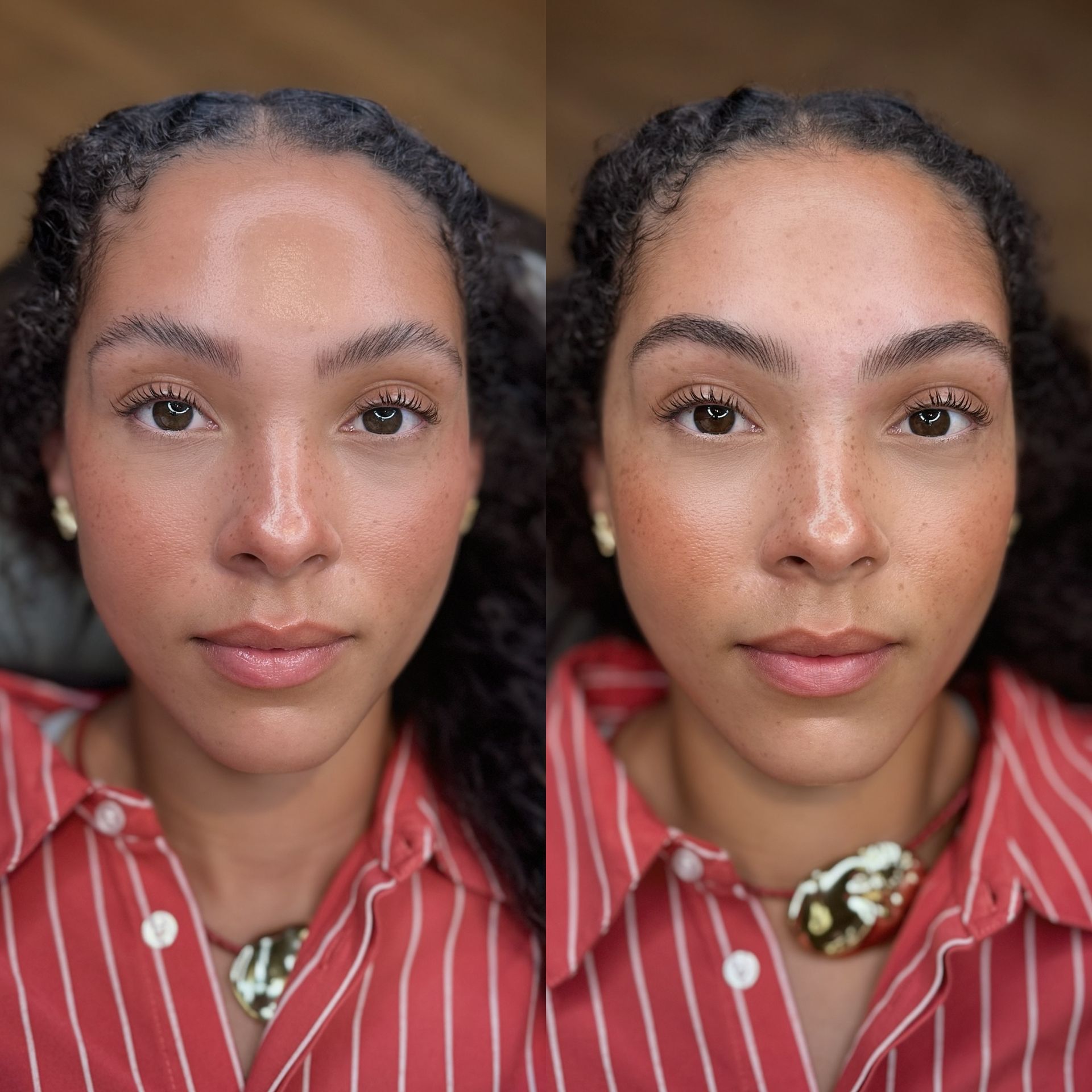 Woman's face, before and after makeup. She wears a striped shirt and a necklace.