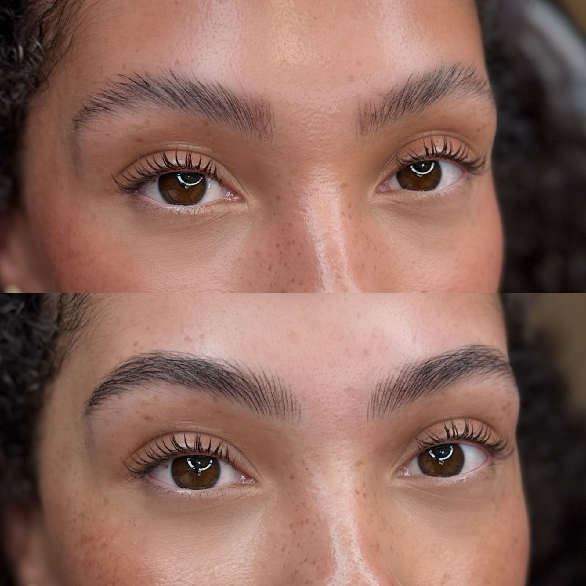 Before-and-after of woman's eyebrows. Top: untamed. Bottom: shaped and filled. Brown skin, eyes.