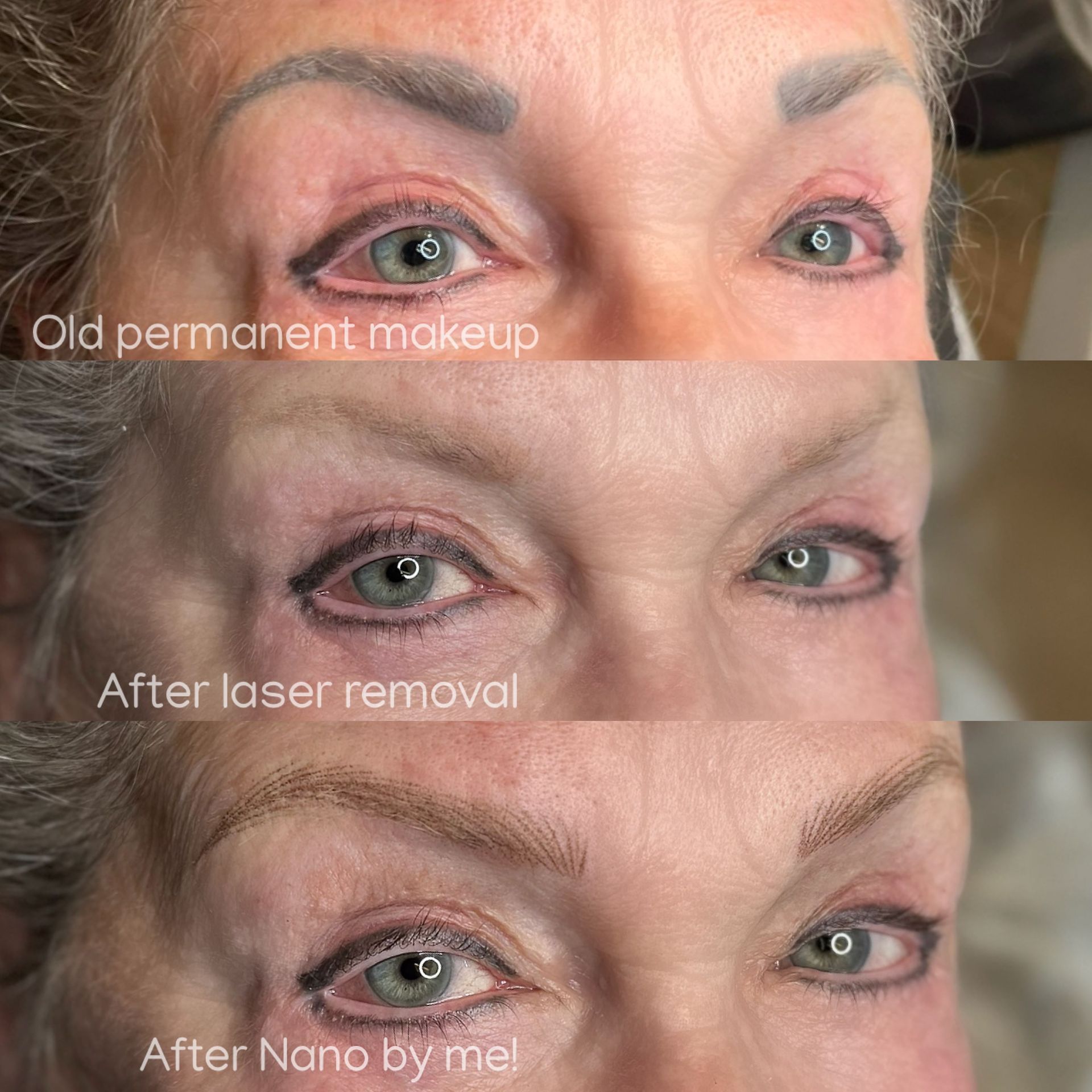 A woman 's eyes before and after permanent makeup and laser removal.