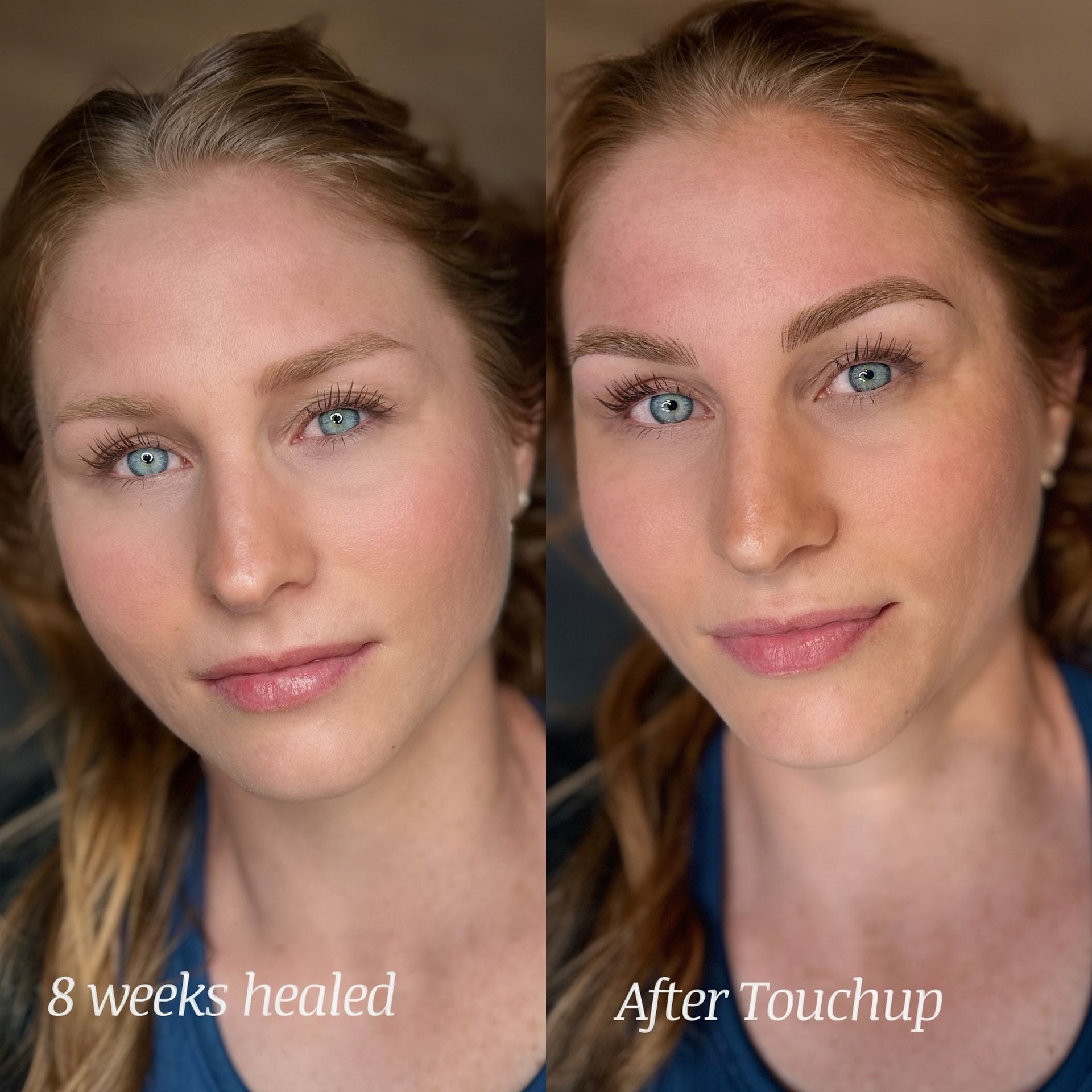 Comparison of a woman's face before and after eyebrow microblading; shows enhanced, filled-in eyebrows after a touch-up.