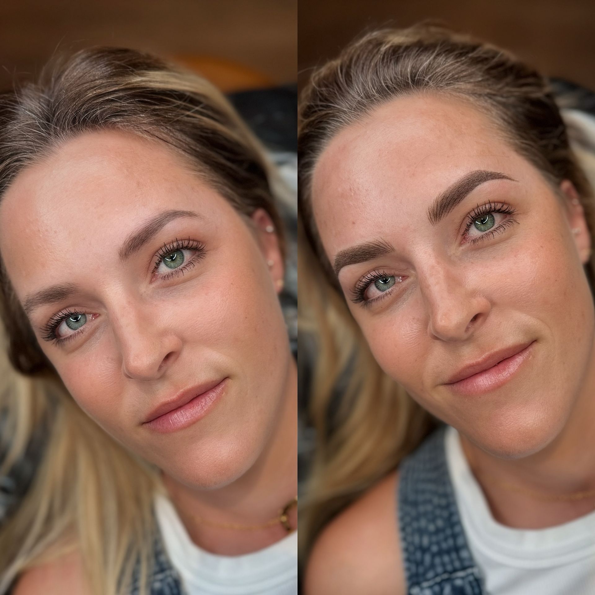 Woman with blond hair, before and after eyebrow microblading.