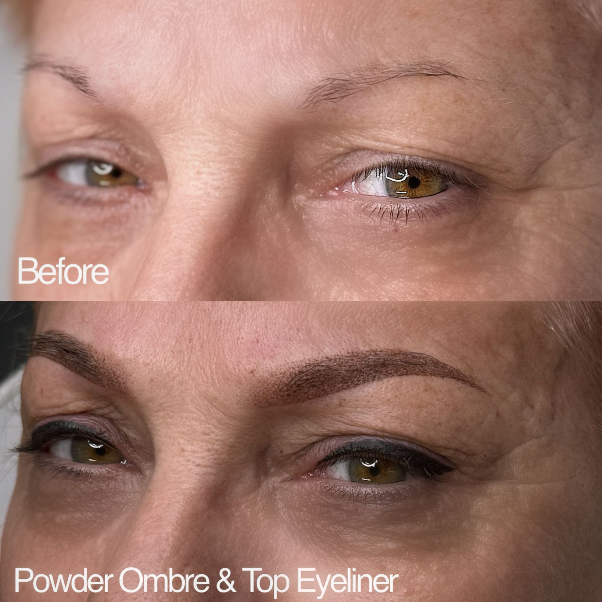 Before and after of woman's eyes. Top: sparse brows. Bottom: filled ombre brows and eyeliner.