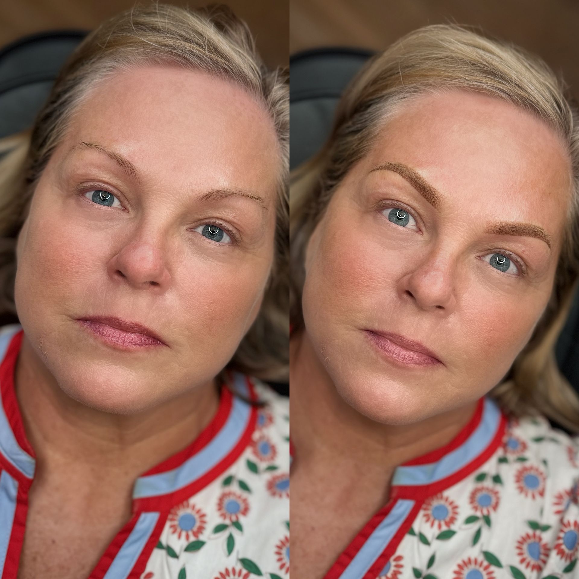 Woman with before and after eyebrow microblading. Right shows defined, brown eyebrows.