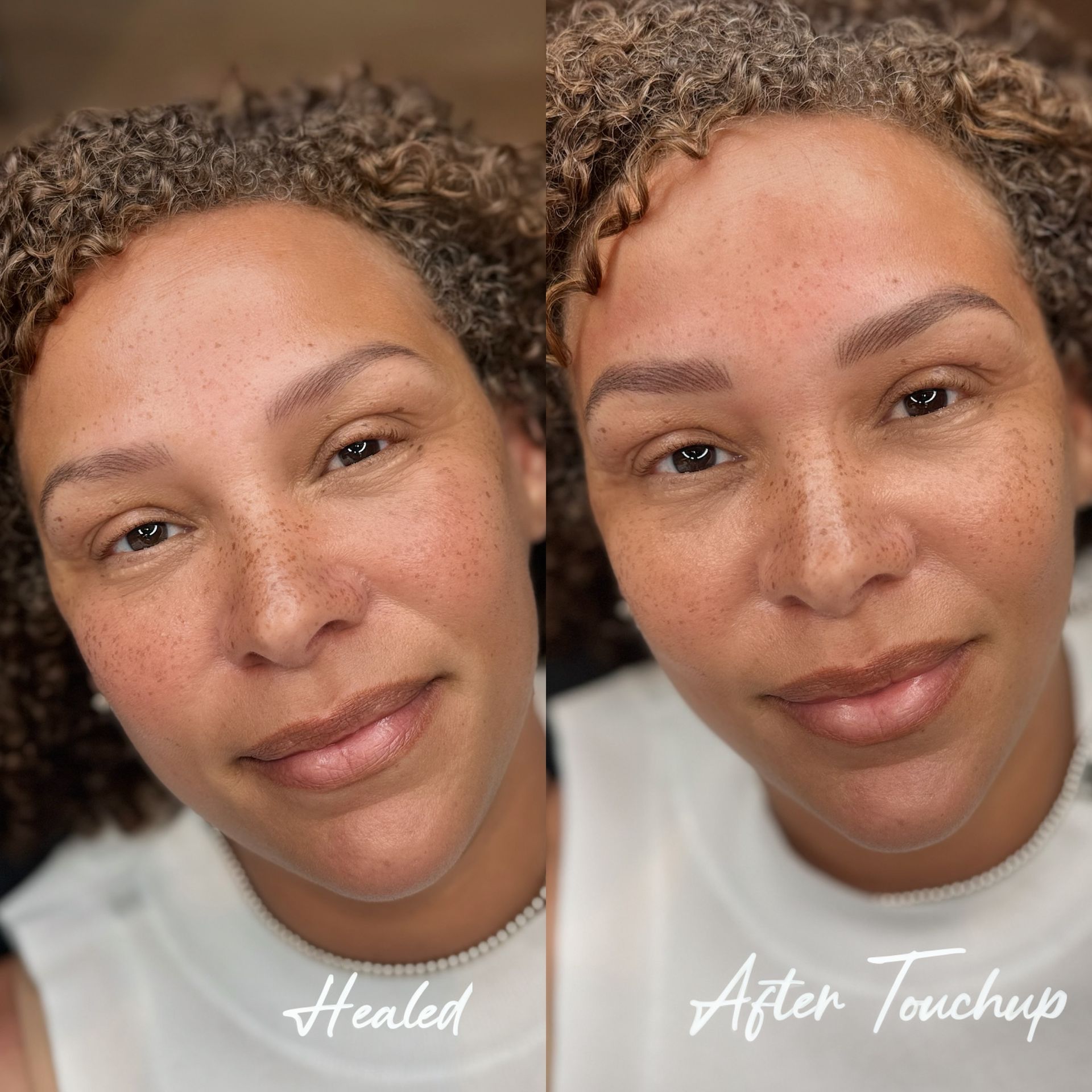 Side-by-side portraits of a woman's face: left 