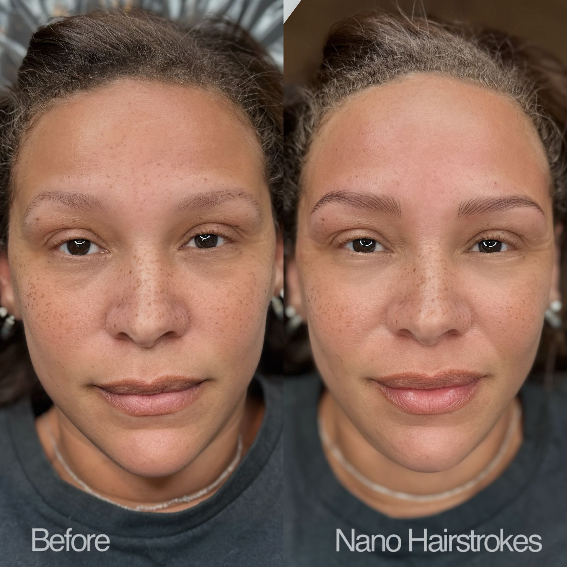 Before and after comparison: woman's face showing the Nano Hairstrokes cosmetic procedure on eyebrows, resulting in fuller, defined brows.