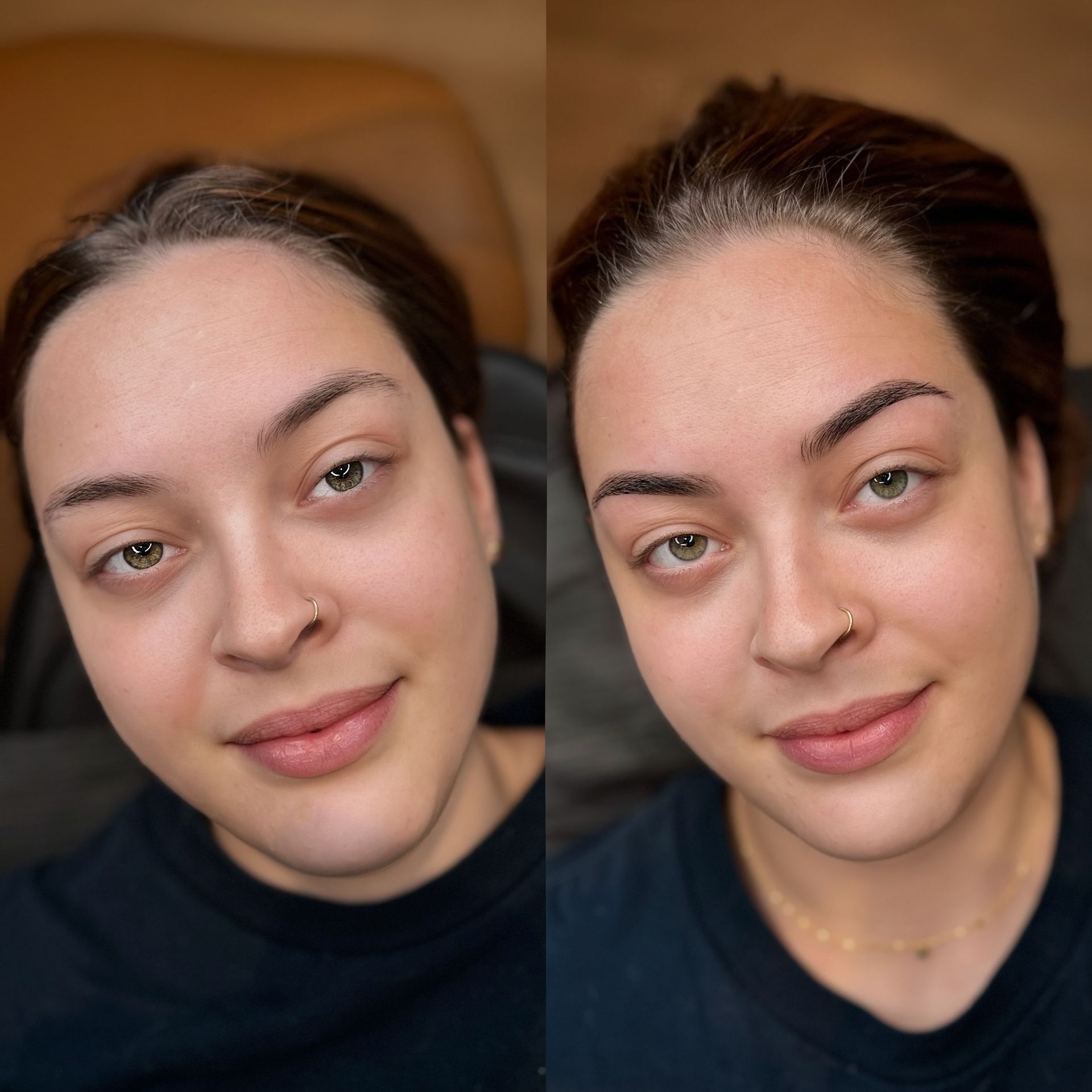 Woman with no and then filled-in eyebrows; eyes, nose ring, and dark top visible.