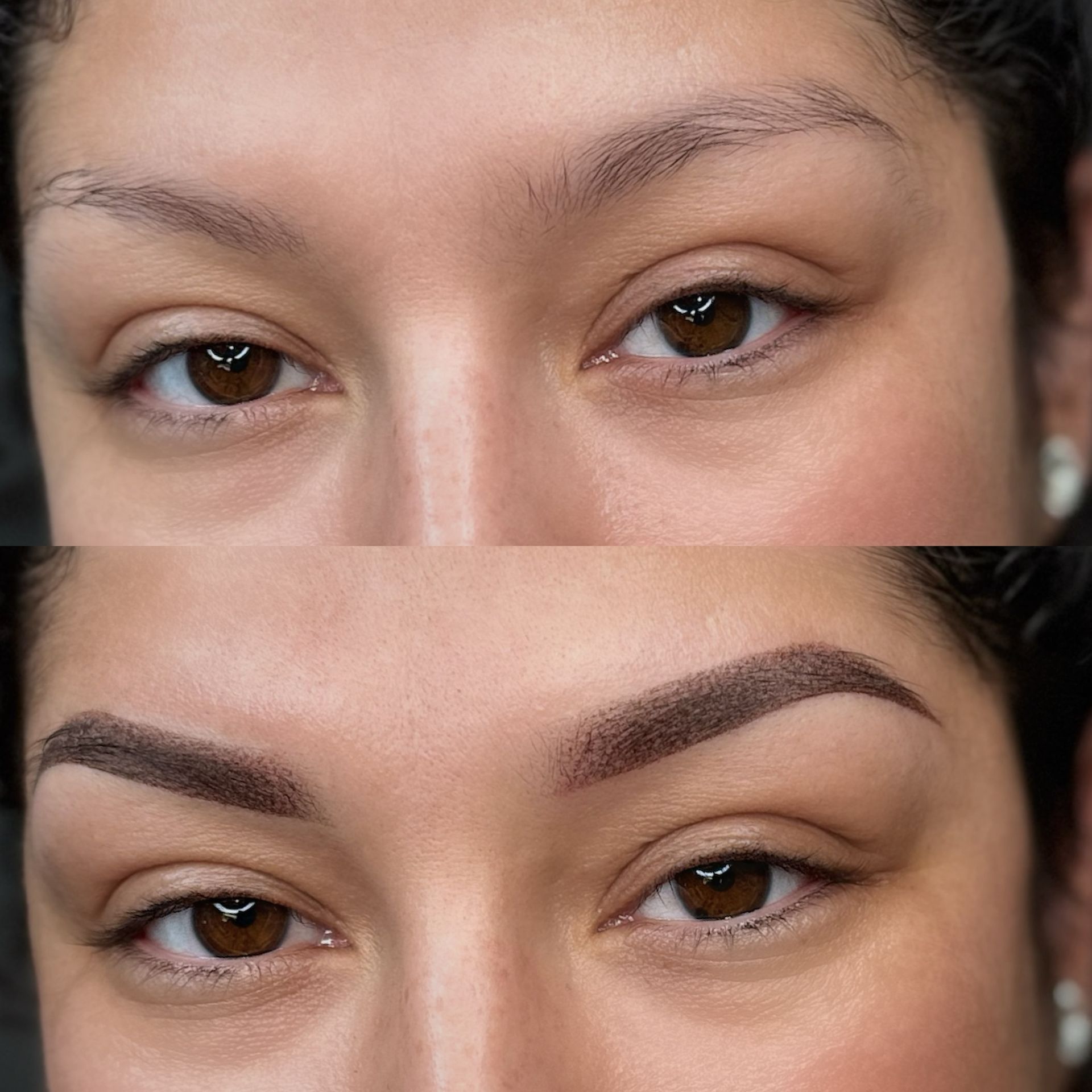Before and after of a woman's eyebrows. Top: Sparse brows. Bottom: Dark, filled-in brows. Brown eyes, fair skin.