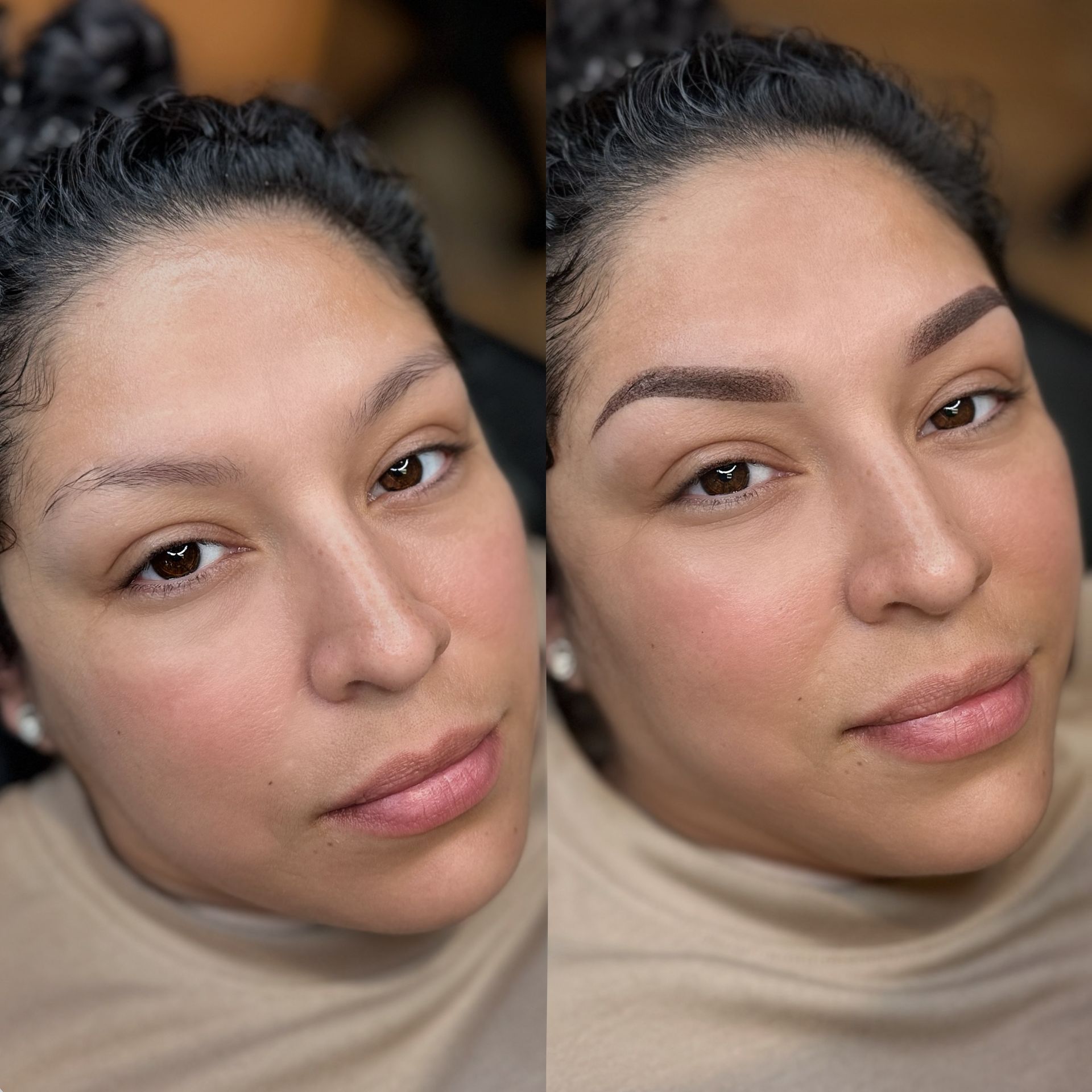 Before-and-after of a woman's eyebrows. Left: bare brows. Right: filled, darker brows with brow enhancement.