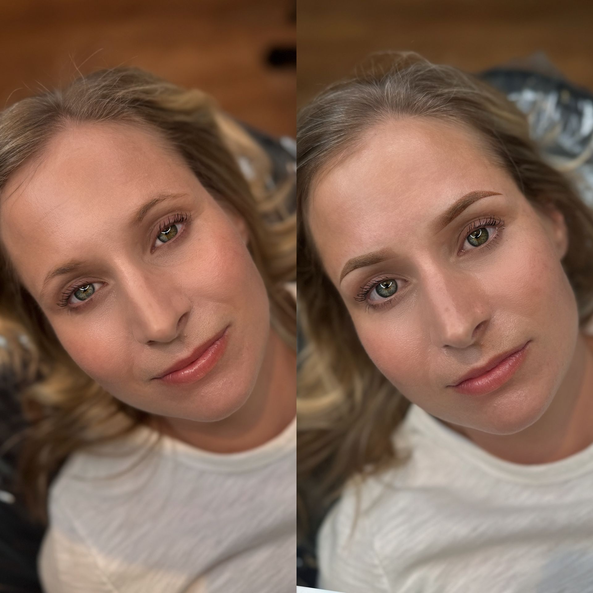 Woman before and after eyebrow procedure; green eyes, fair skin, soft blush.