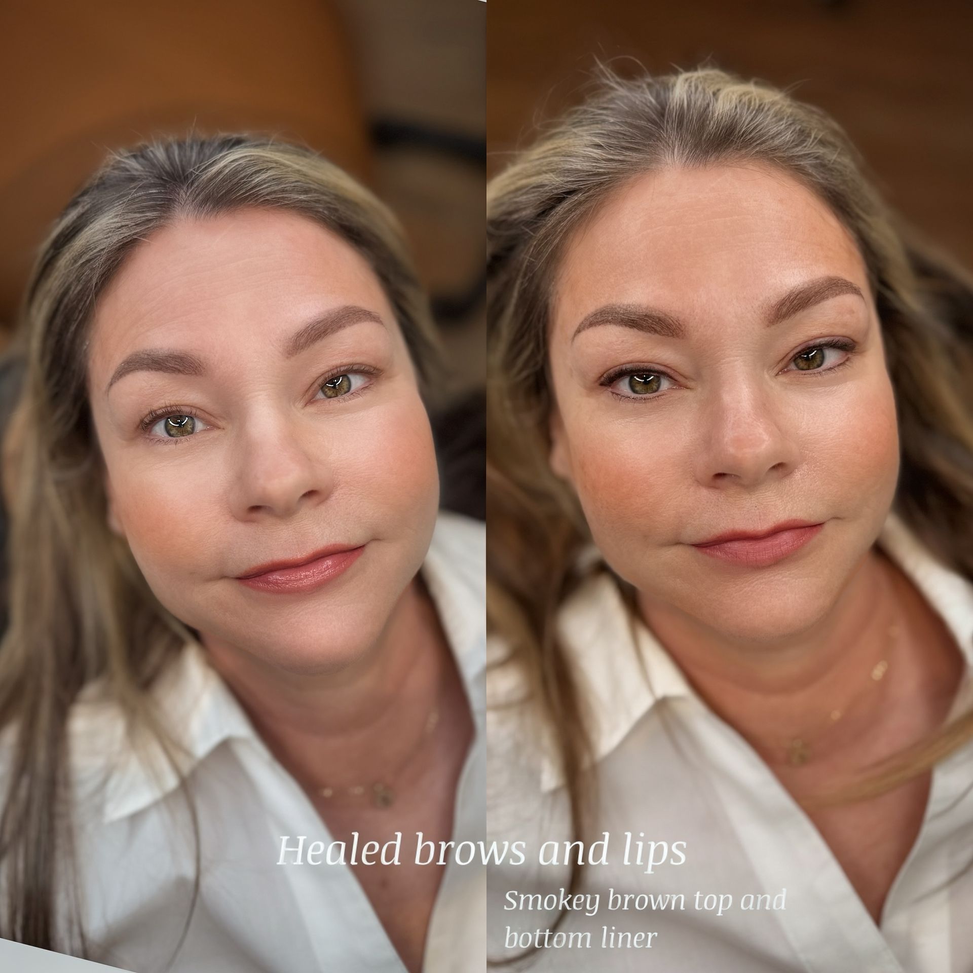 Side-by-side comparison of a woman's face: left shows healed brows/lips, right shows smoky brown eyeliner.
