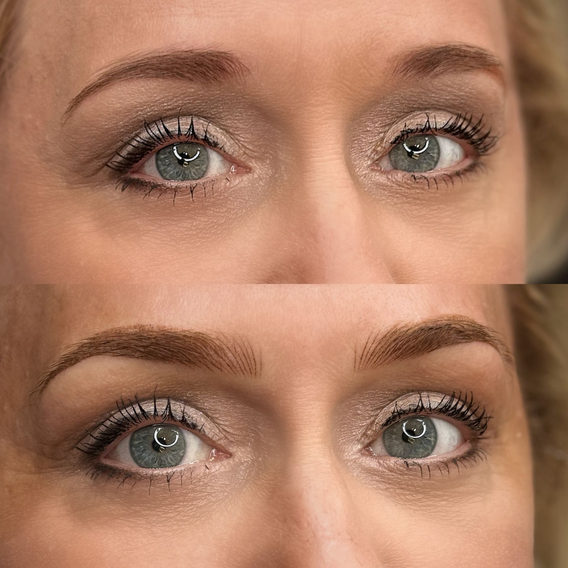 Before/after of woman's eyebrows: top is thinner, light; bottom is thicker, darker. Eyes have mascara, light eye shadow.