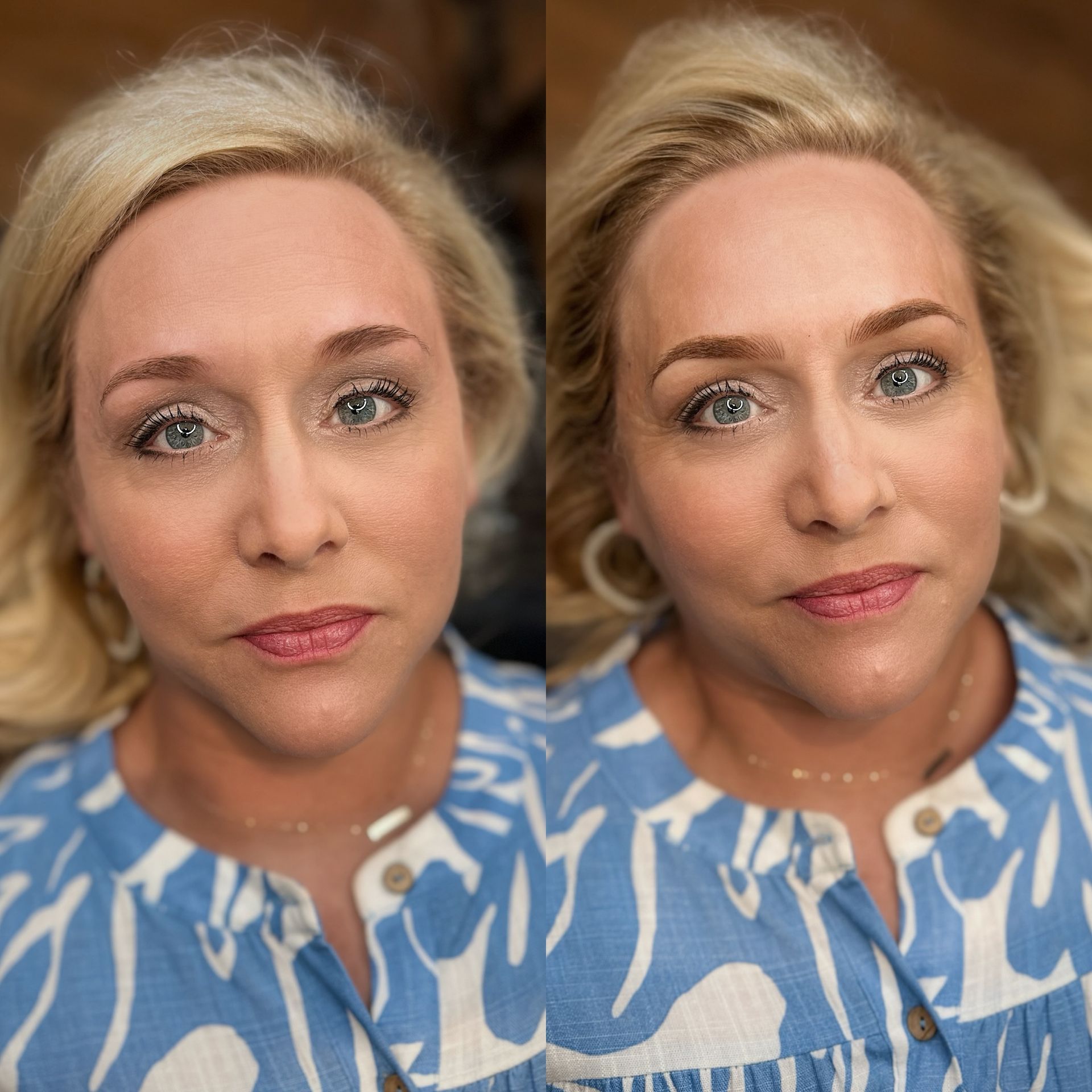 Woman with blonde hair, before and after eyebrow makeup. Blue and white patterned shirt.