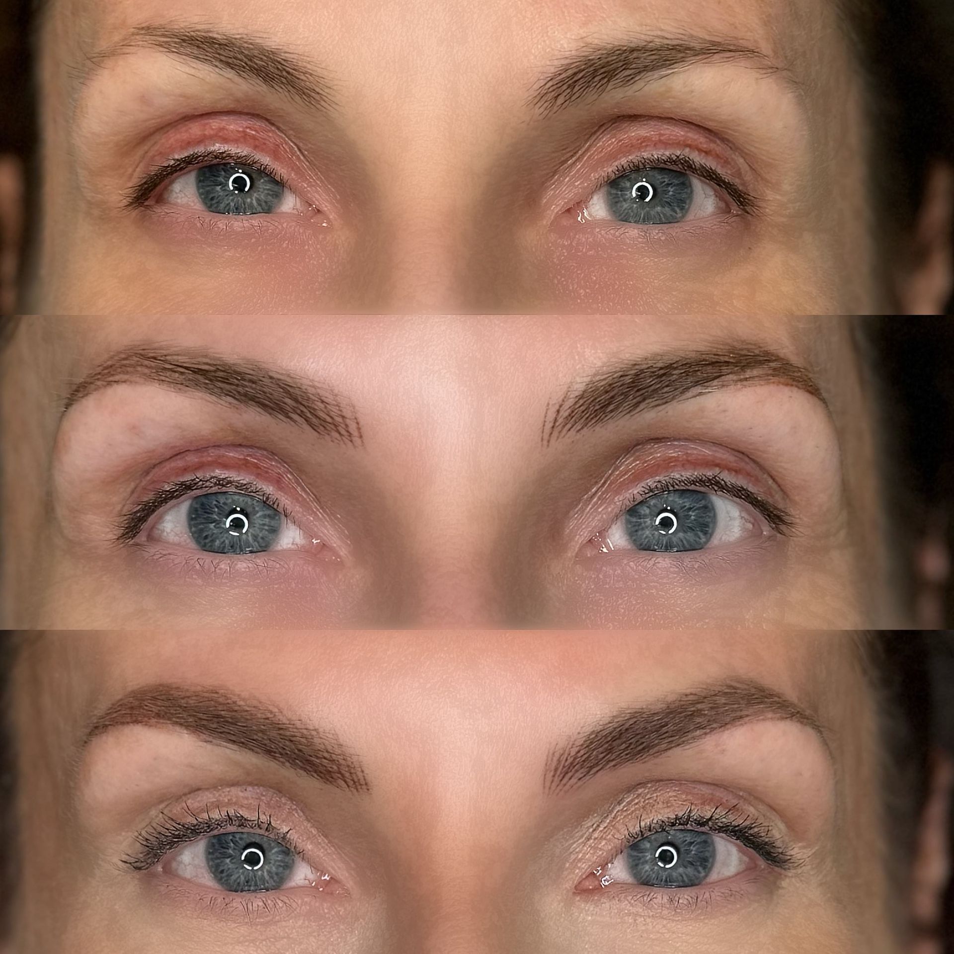 A woman 's eyes are shown before and after getting permanent eyebrows.
