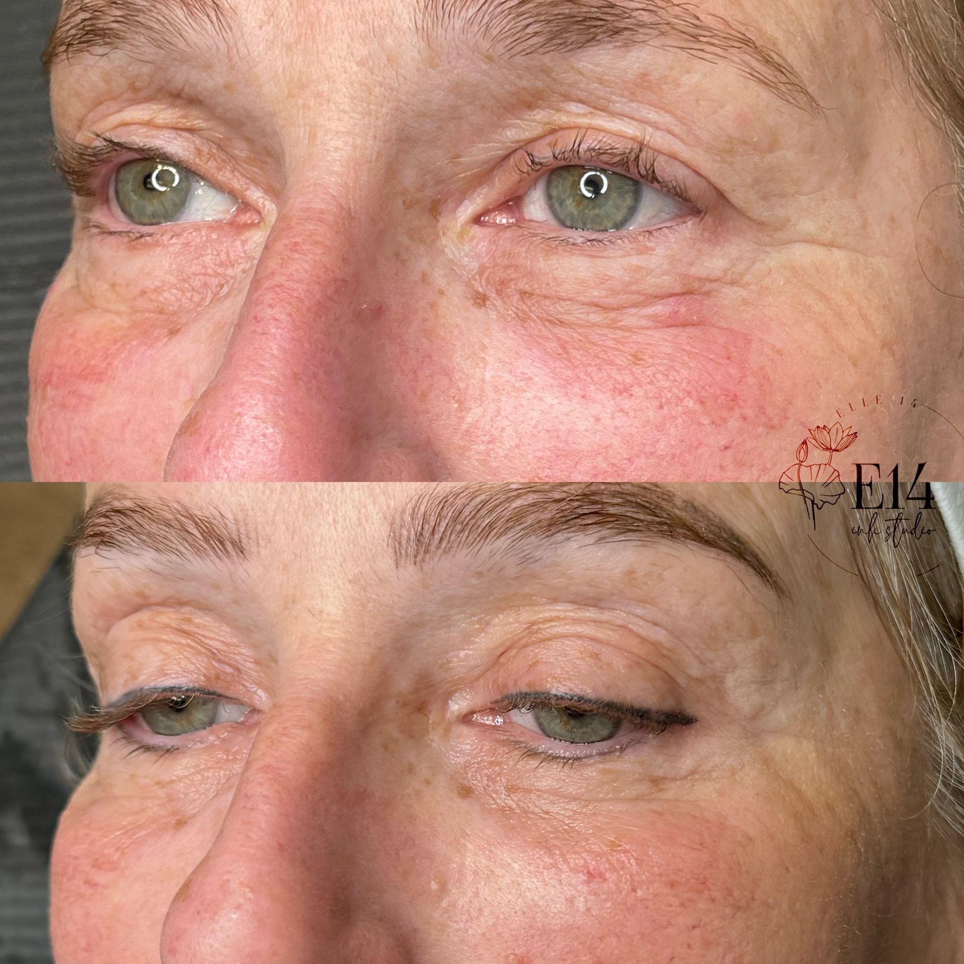 A before and after photo of a woman 's face.