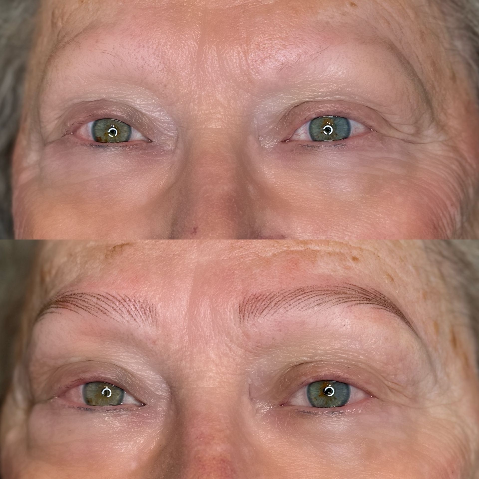 A before and after photo of a woman 's eyebrows.