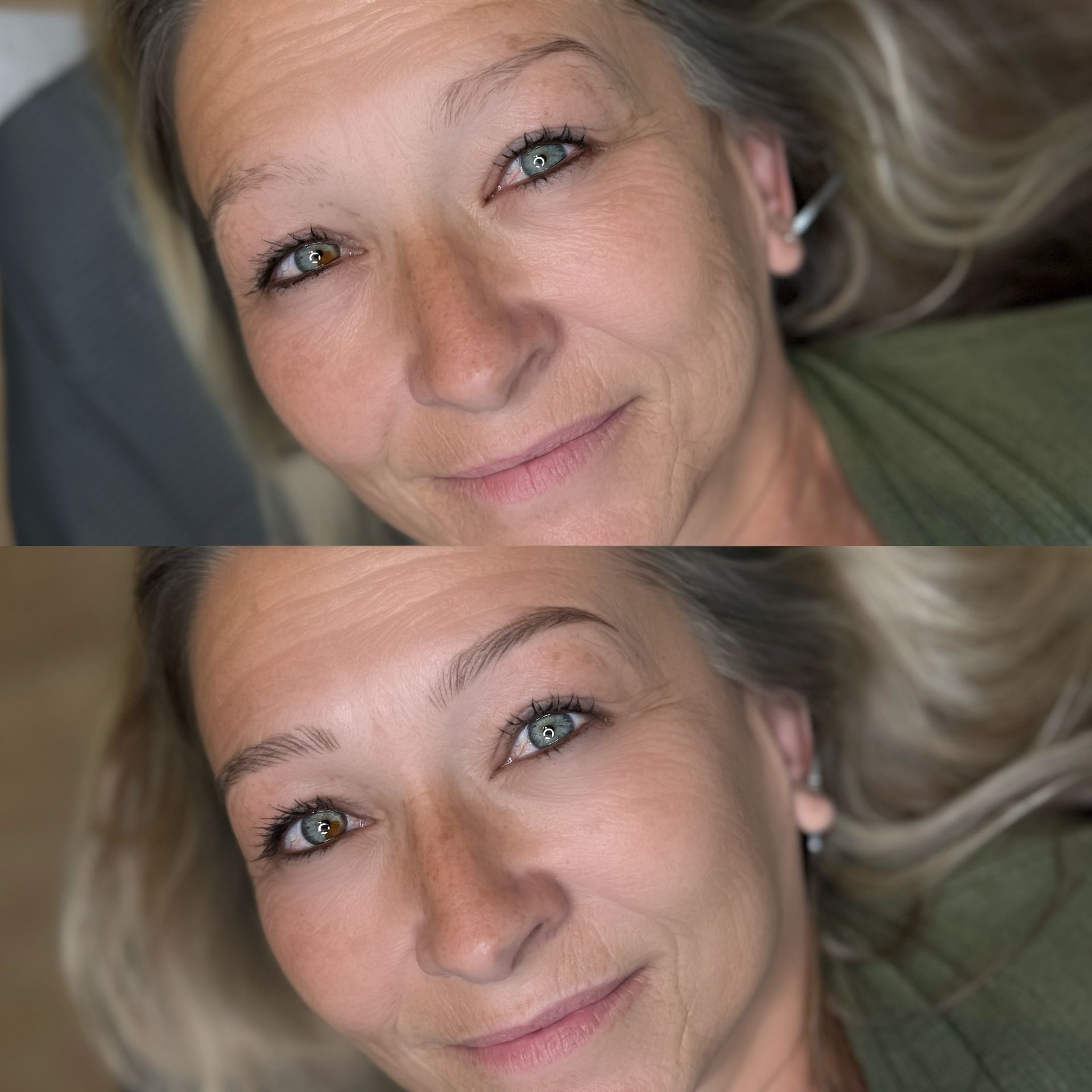 A before and after picture of a woman 's eyebrows.