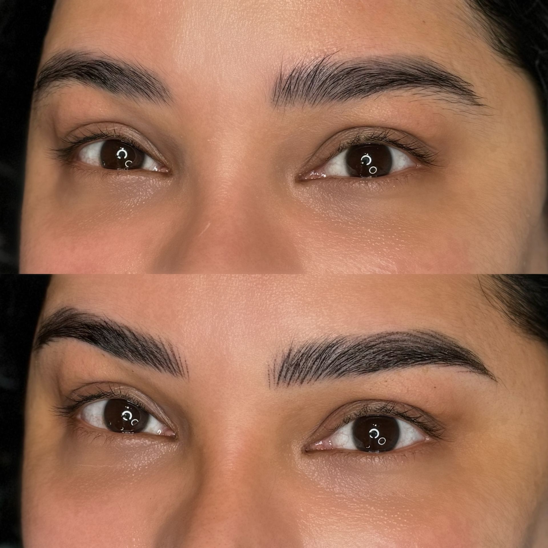 A before and after picture of a woman 's eyebrows