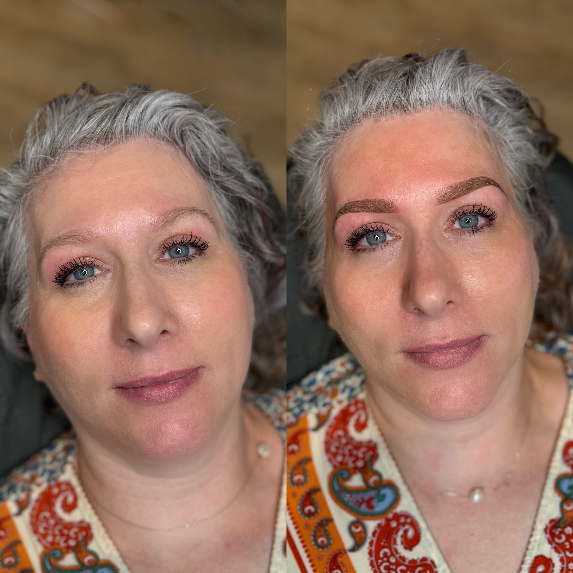 A before and after photo of a woman 's eyebrows.