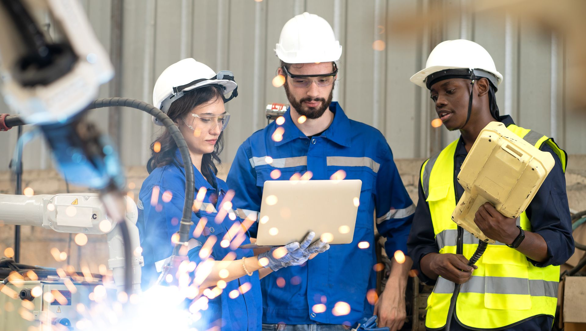 Three industrial workers in hard hats and safety gear collaborate with a laptop and tablet amid welding sparks.