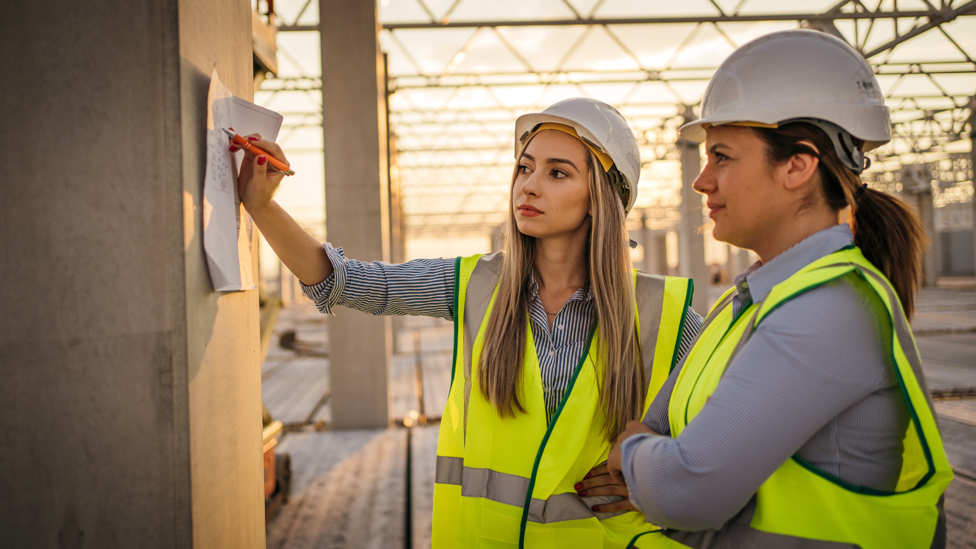 Two engineers in hard hats and safety vests stand on a construction site, reviewing plans attached to a concrete pillar.