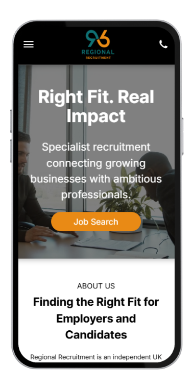 A smartphone screen displaying the Regional Recruitment website homepage with a
