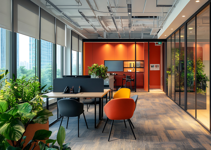 A modern office space with a wooden desk, orange and gray chairs, a vibrant orange accent wall, and indoor plants.