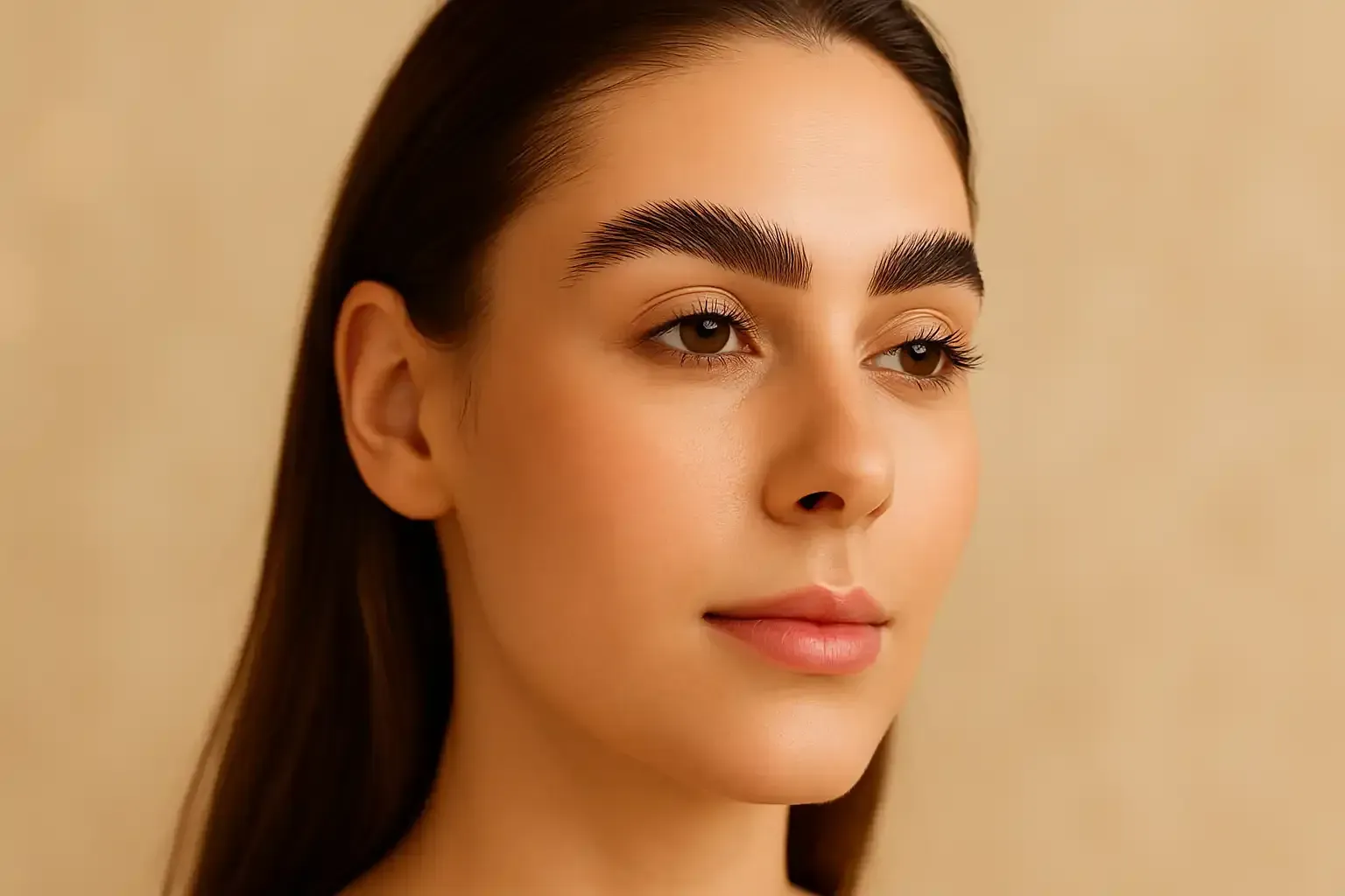 Woman with thick, laminated eyebrows, light skin, and long dark hair. She looks to the side.
