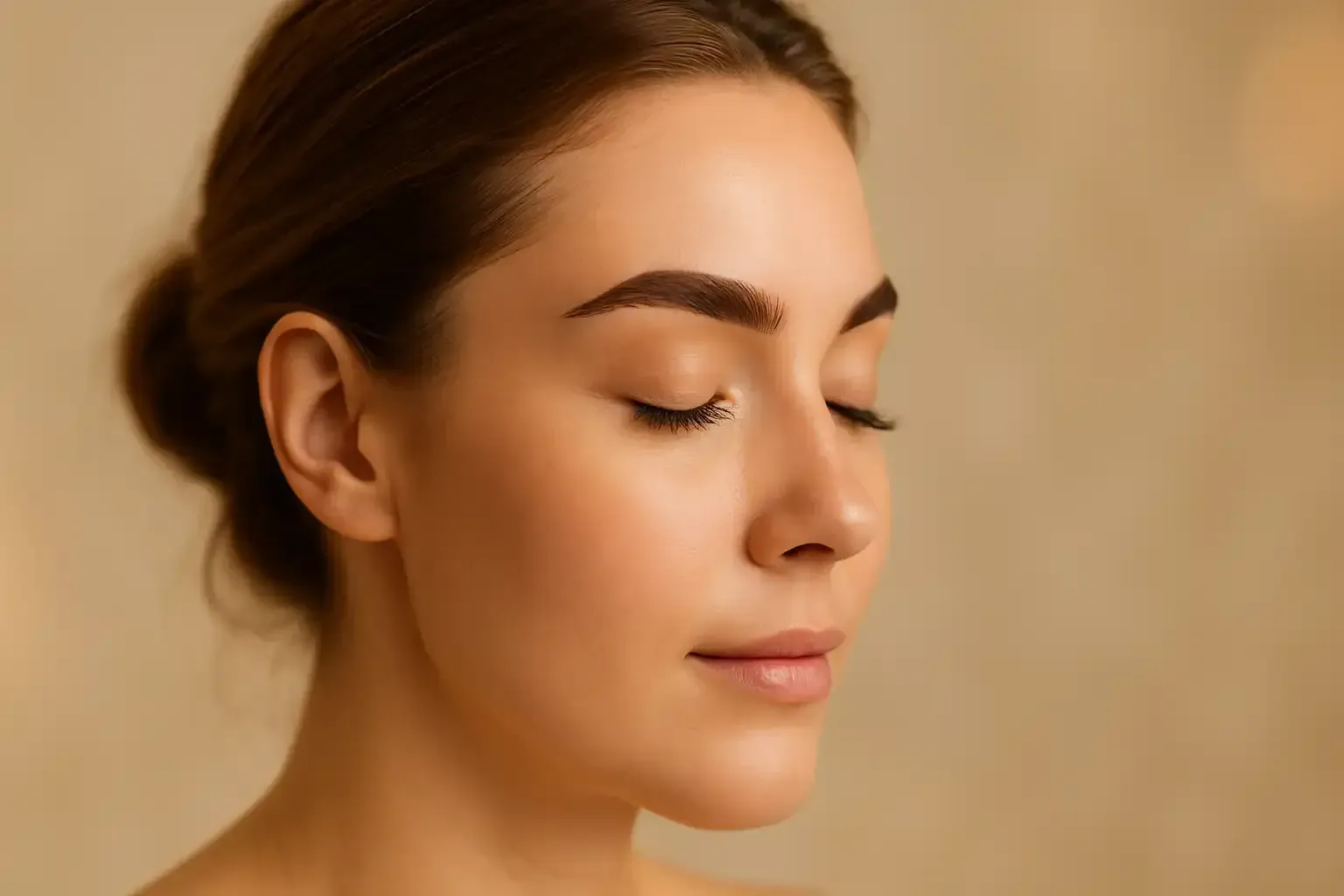 Woman with closed eyes,fresh brow wax, and a serene expression; blurred neutral background.