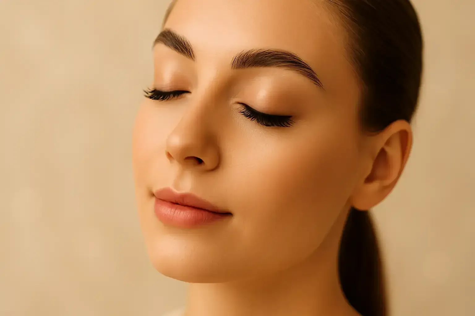 Woman with closed eyes, smooth skin, and full eyebrows, with a ponytail, in a soft-lit environment.