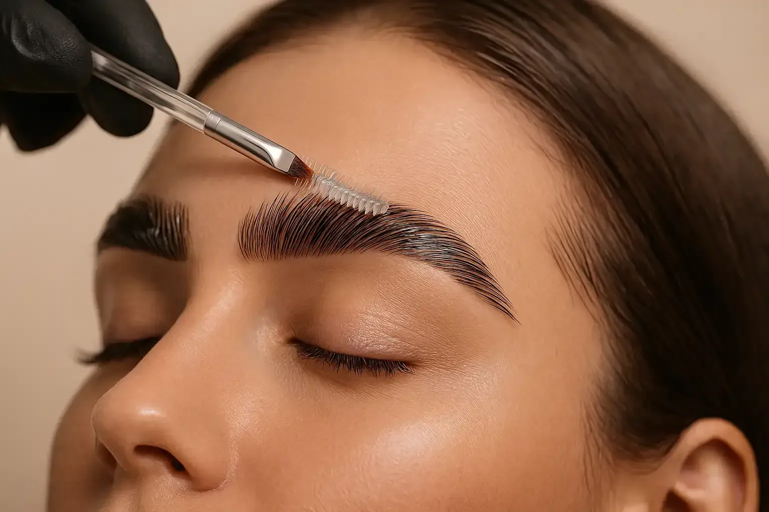 Eyebrow lamination. A person with closed eyes has a brush applying product to thick, dark eyebrows.
