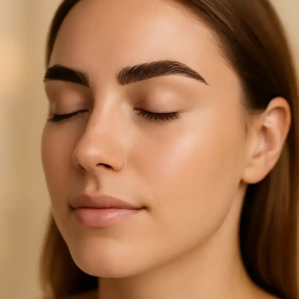 Woman with closed eyes, fresh eyebrow tint; soft lighting.
