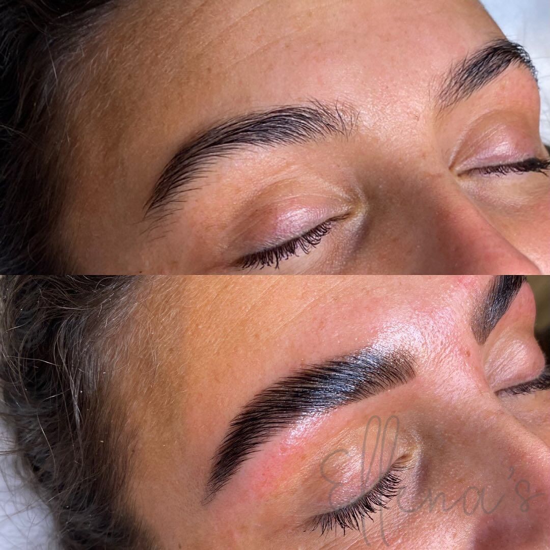 Comparison of eyebrows before and after lamination treatment. Dark brown brows, skin tones.