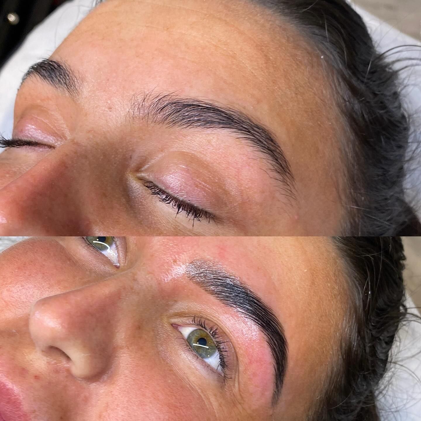 Two photos: one with closed eyes, the other open, both showing dark, newly done eyebrow makeup.