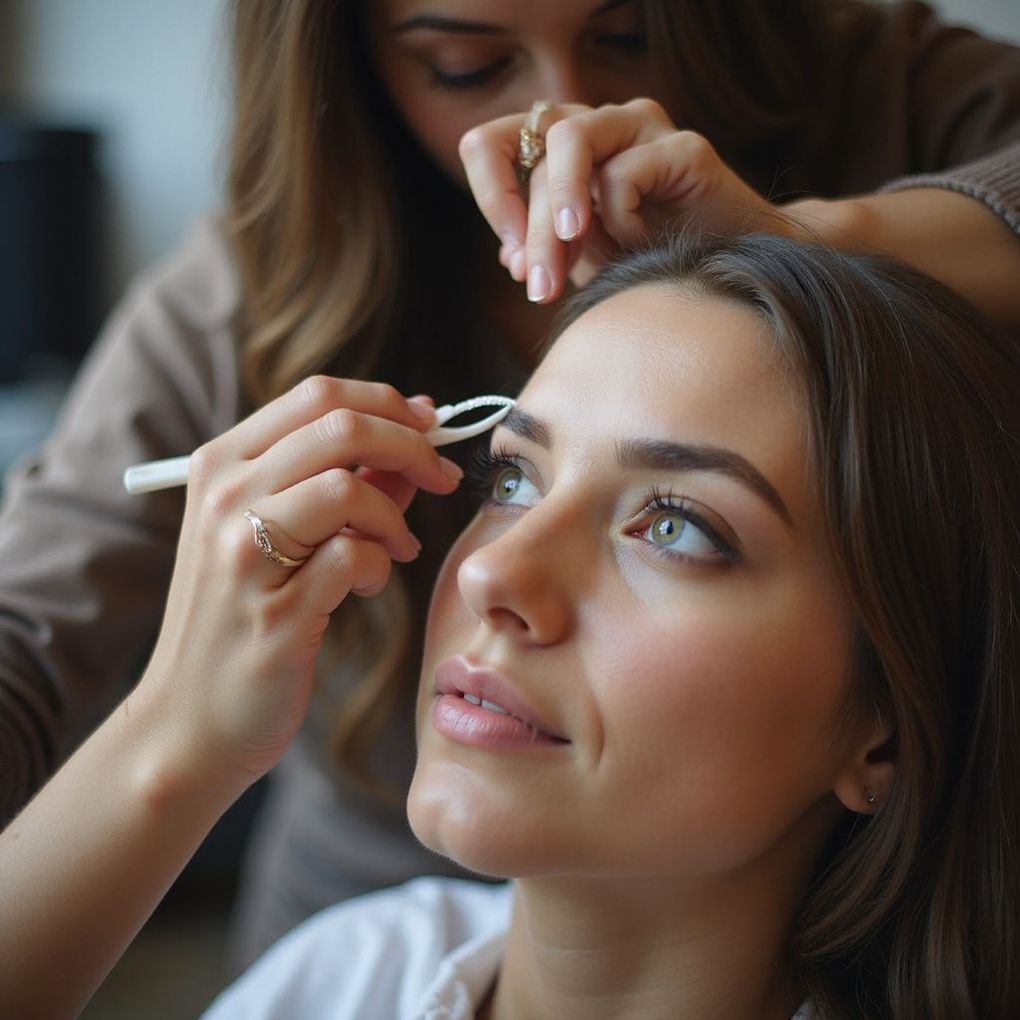 Woman getting eyebrow shaping with a tool by another person's hand. Indoors.