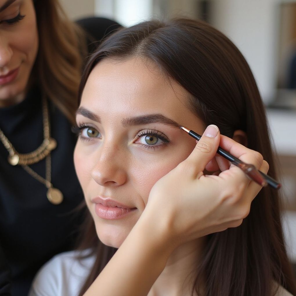 Makeup artist applying eyebrow pencil to a person's eyebrow. Indoors.