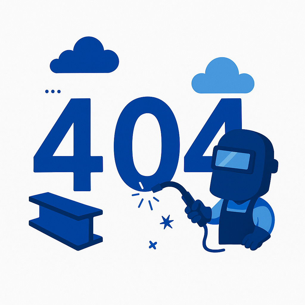 Error 404: Welder character with welding torch and a beam, blue clouds.