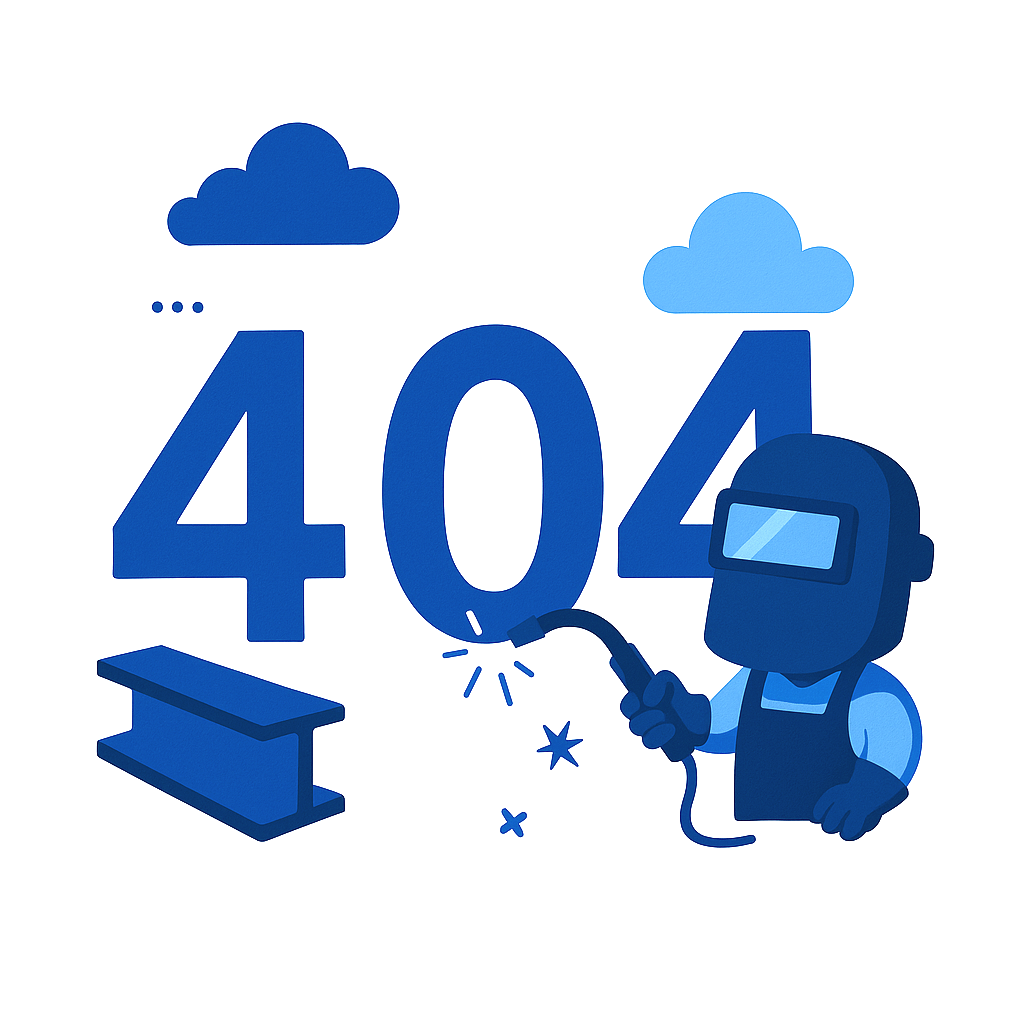 Blue 404 error with a worker welding the zero. Clouds and a steel beam accent the scene.